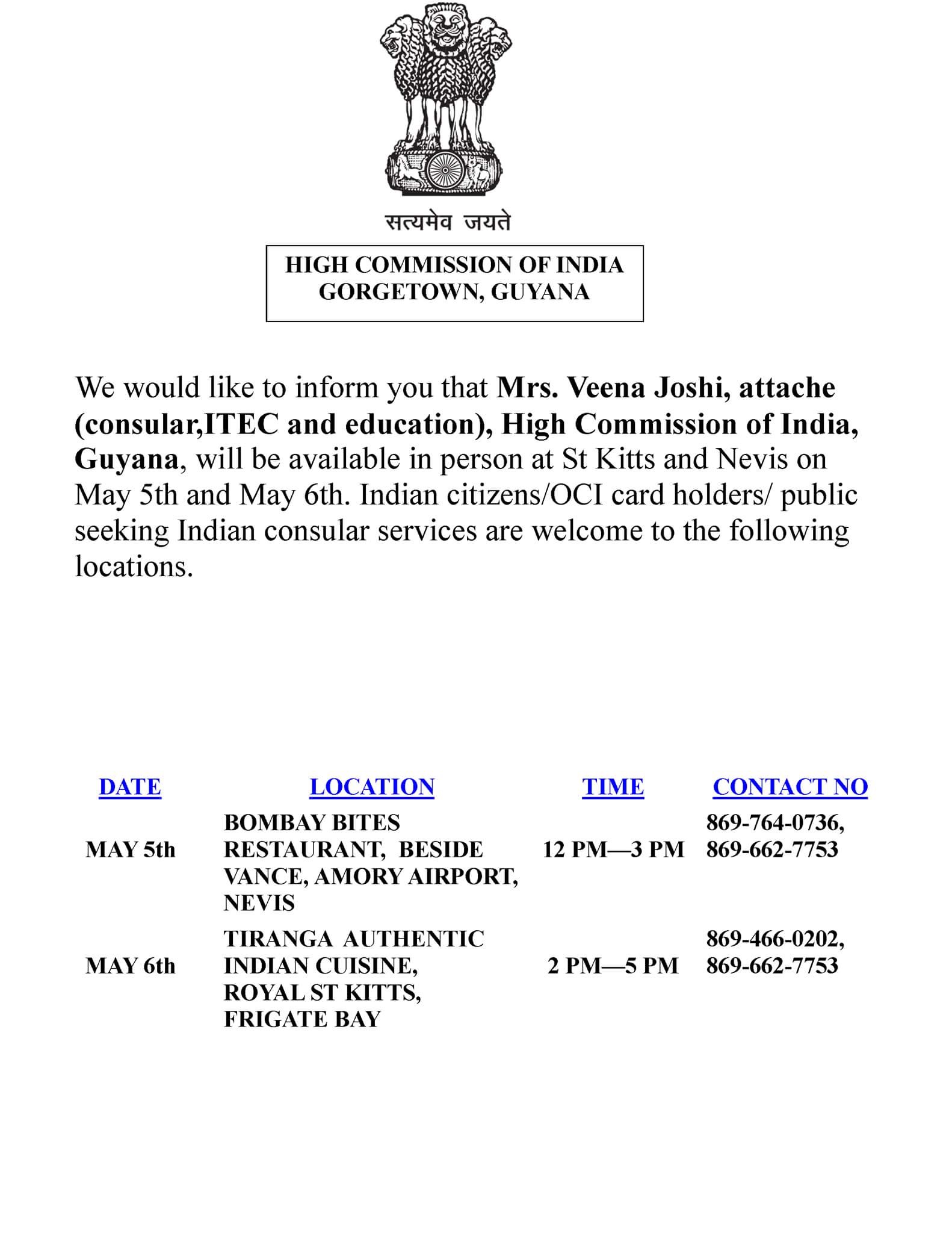 INDIAN CONSULAR SERVICES WILL BE AVAILABLE HERE IN ST.KITTS ON MAY 5th – May 6th