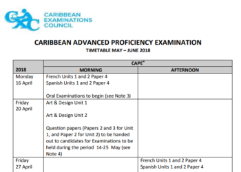 CARIBBEAN ADVANCED PROFICIENCY EXAMINATION TIMETABLE:  MAY – JUNE, 2018
