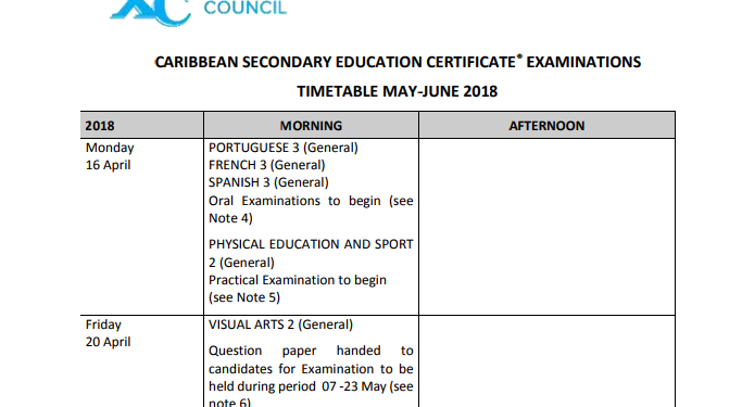 CARIBBEAN SECONDARY EDUCATION CERTIFICATE® EXAMINATIONS TIMETABLE:  MAY-JUNE 2018