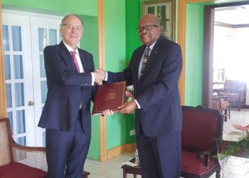 Ambassador of Spain to St. Kitts-Nevis presents credentials to H. E. the Governor General, Sir. S.W. Tapley Seaton, GCMG, CVO, QC, JP