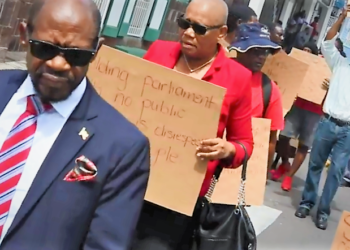 AS HISTORIC TENURE OF OFFICE OF PRIME MINISTER BILL TABLED, LEADER OF ST. KITTS-NEVIS OPPOSITION LEADS PROTEST OUTSIDE PARLIAMENT