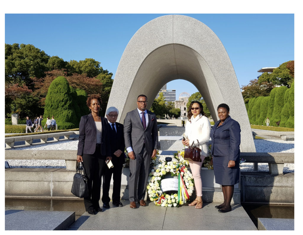 Hon. Mark Brantley, Minister of Foreign Affairs and Aviation lays wreath at Hiroshima Peace Memorial Park