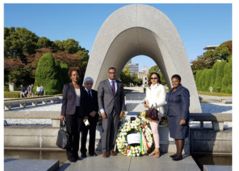 Hon. Mark Brantley, Minister of Foreign Affairs and Aviation lays wreath at Hiroshima Peace Memorial Park