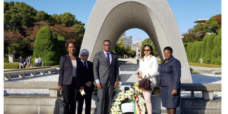 Hon. Mark Brantley, Minister of Foreign Affairs and Aviation lays wreath at Hiroshima Peace Memorial Park