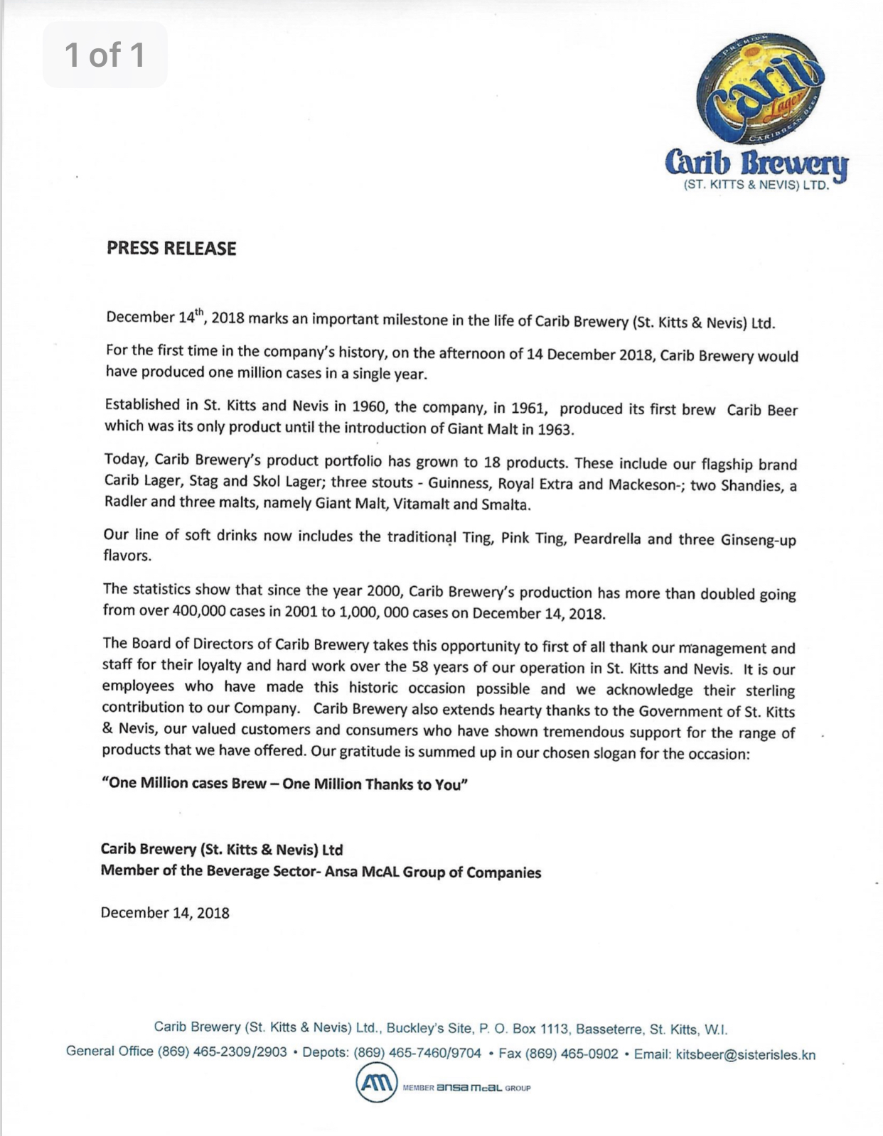 Press Release from Carib Brewery (December 14)