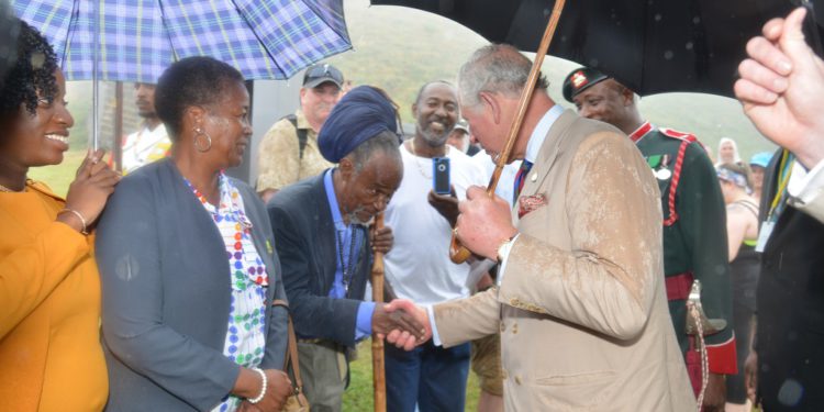 THE PRINCE OF WALES MEETS MANAGEMENT OF BRIMSTONE HILL FORTRESS NATIONAL PARK AND PERSONS PRESENT IN 1973 WHEN HE FIRST VISITED