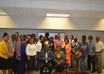 (Center L-R): Secretary General of the St. Kitts-Nevis National Commission for UNESCO, Antonio Maynard and Incoming Secretary General of the St. Kitts-Nevis National Commission for UNESCO, Mrs. Dorothy Warner with staff and stakeholders.