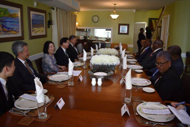 Members of the St. Kitts-Nevis Cabinet, led by Prime Minister Harris, and the Taiwan delegation at the Marshall's Restaurant for a special luncheon. 