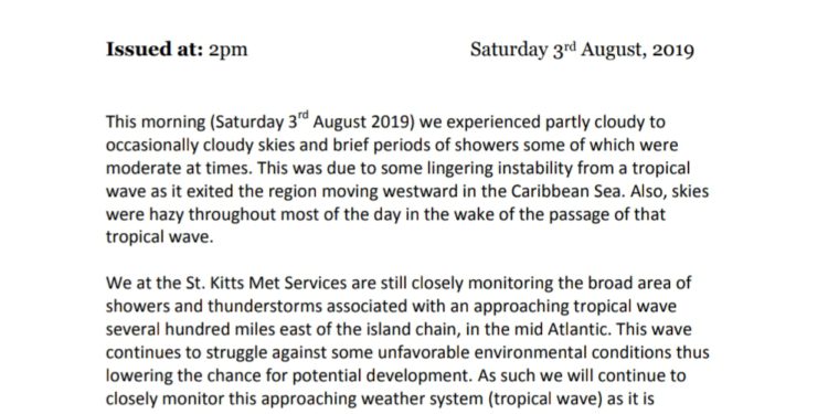 Tropical Advisory (2pm Saturday 3rd August 2019)