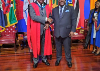 PM HARRIS CONGRATULATES SIR TAPLEY SEATON ON BEING CONFERRED HONORARY DEGREE FROM THE UNIVERSITY OF THE WEST INDIES