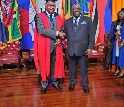 PM HARRIS CONGRATULATES SIR TAPLEY SEATON ON BEING CONFERRED HONORARY DEGREE FROM THE UNIVERSITY OF THE WEST INDIES