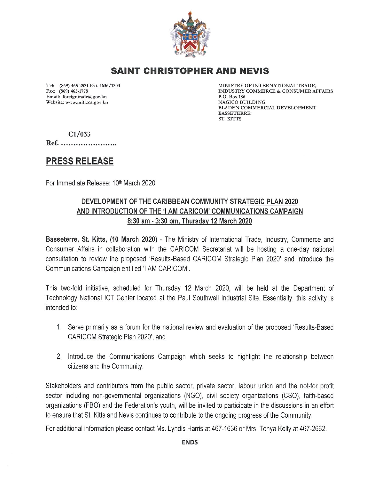 PRESS RELEASE FROM MINISTRY OF INTERNATIONAL TRADE, INDUSTRY COMMERCE AND CONSUMER AFFAIRS