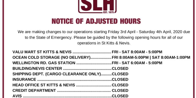 S L Horsford’s & Co. Ltd. New Adjusted Hours From 3rd April, 2020