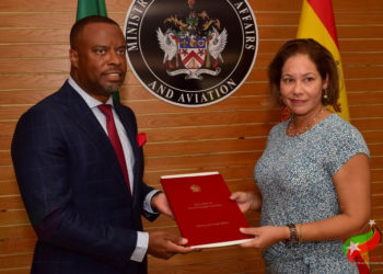 NEWLY APPOINTED HONORARY CONSUL OF SPAIN TO ST. KITTS AND NEVIS PRESENTS CREDENTIALS TO MINISTER BRANTLEY