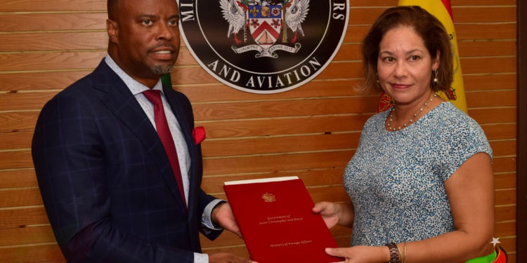 NEWLY APPOINTED HONORARY CONSUL OF SPAIN TO ST. KITTS AND NEVIS PRESENTS CREDENTIALS TO MINISTER BRANTLEY