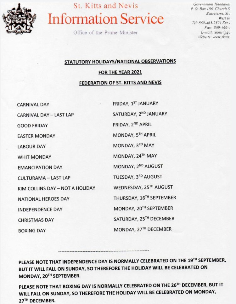 STATUTORY HOLIDAYS/NATIONAL OBSERVATIONS FOR THE YEAR 2021 FEDERATION OF ST. KITTS AND NEVIS