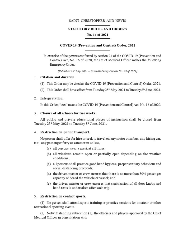 COVID-19 (Prevention and Control) Order, 2021
