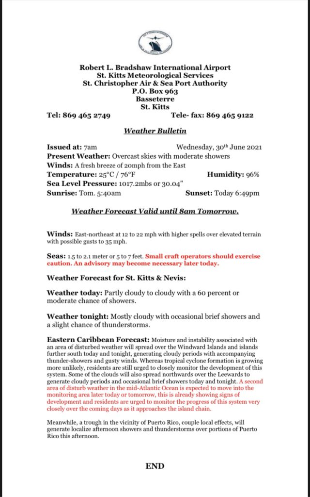 Weather Forecast 30th June 21 Sknis