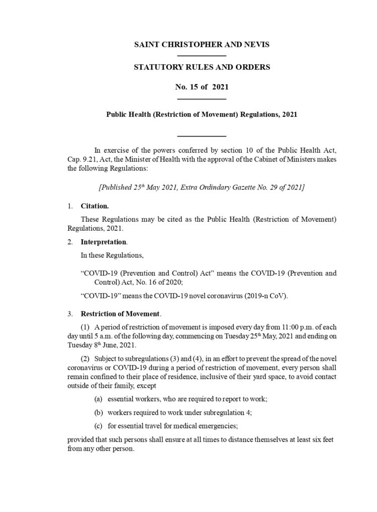 Public Health (Restriction of Movement) Regulations, 2021