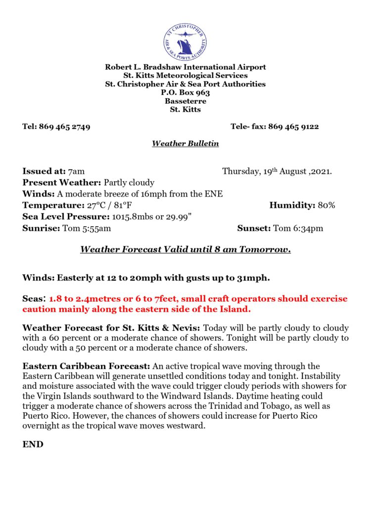 WEATHER FORECAST. Thursday 19th August, 2021