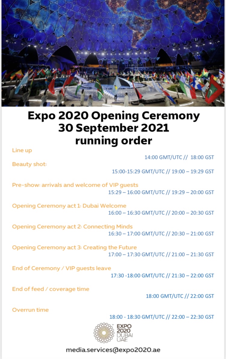 Expo 2020 Opening Ceremony 30 September 2021 running order