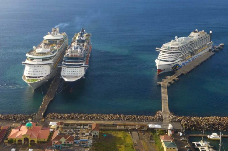 THREE SHIPS DOCKED AT PORT ZANTE IN BASSETERRE FOR THE FIRST TIME IN OVER 20 MONTHS; ONE MAKING ITS INAUGURAL VISIT