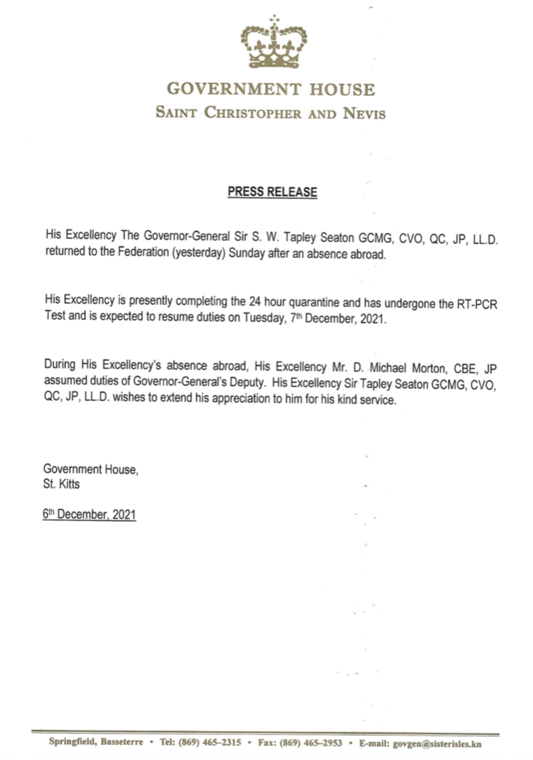 GOVERNOR-GENERAL RETURNS TO THE FEDERATION