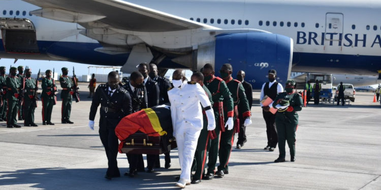 PM HARRIS AND CABINET COLLEAGUES ON HAND AS THE BODY OF H.E. VANCE WINKWORTH AMORY RETURNS TO ST. KITTS AND NEVIS