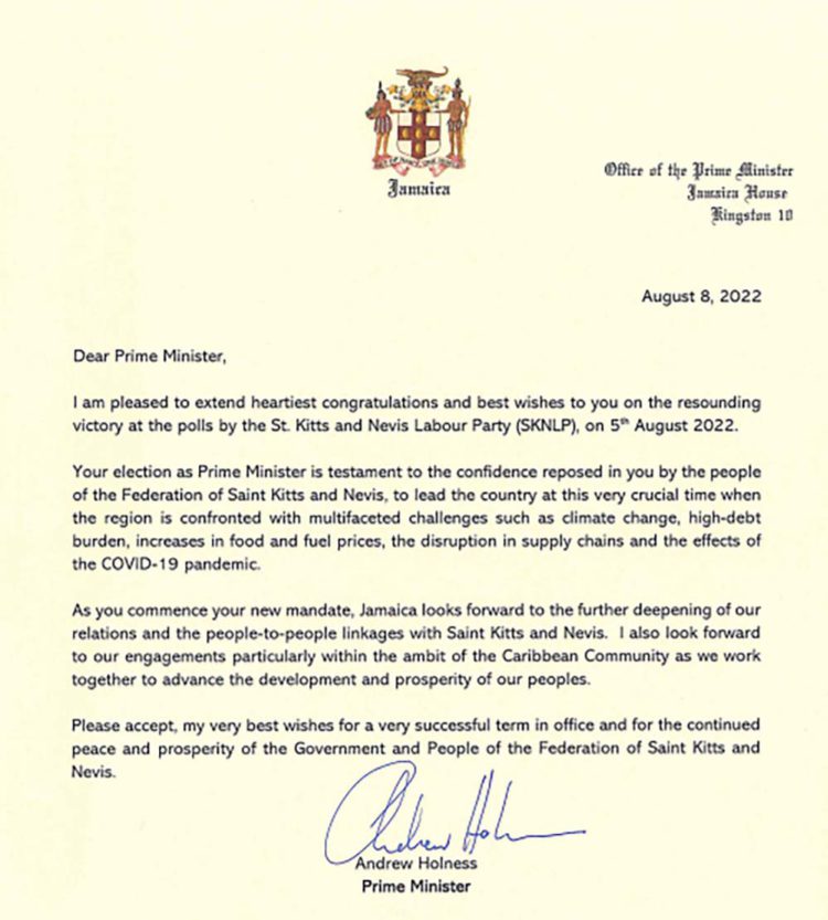 JAMAICA’S PRIME MINISTER HON. ANDREW HOLNESS CONGRATULATES ST. KITTS AND NEVIS’ PRIME MINISTER HON. DR. TERRANCE DREW