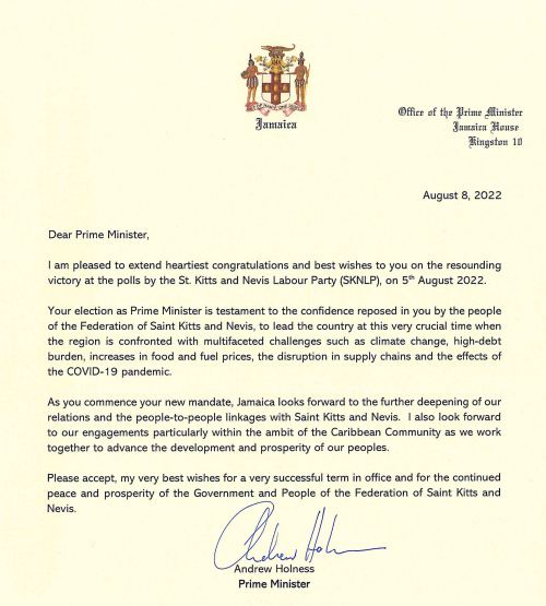 JAMAICA’S PRIME MINISTER HON. ANDREW HOLNESS CONGRATULATES ST. KITTS AND NEVIS’ PRIME MINISTER HON. DR. TERRANCE DREW