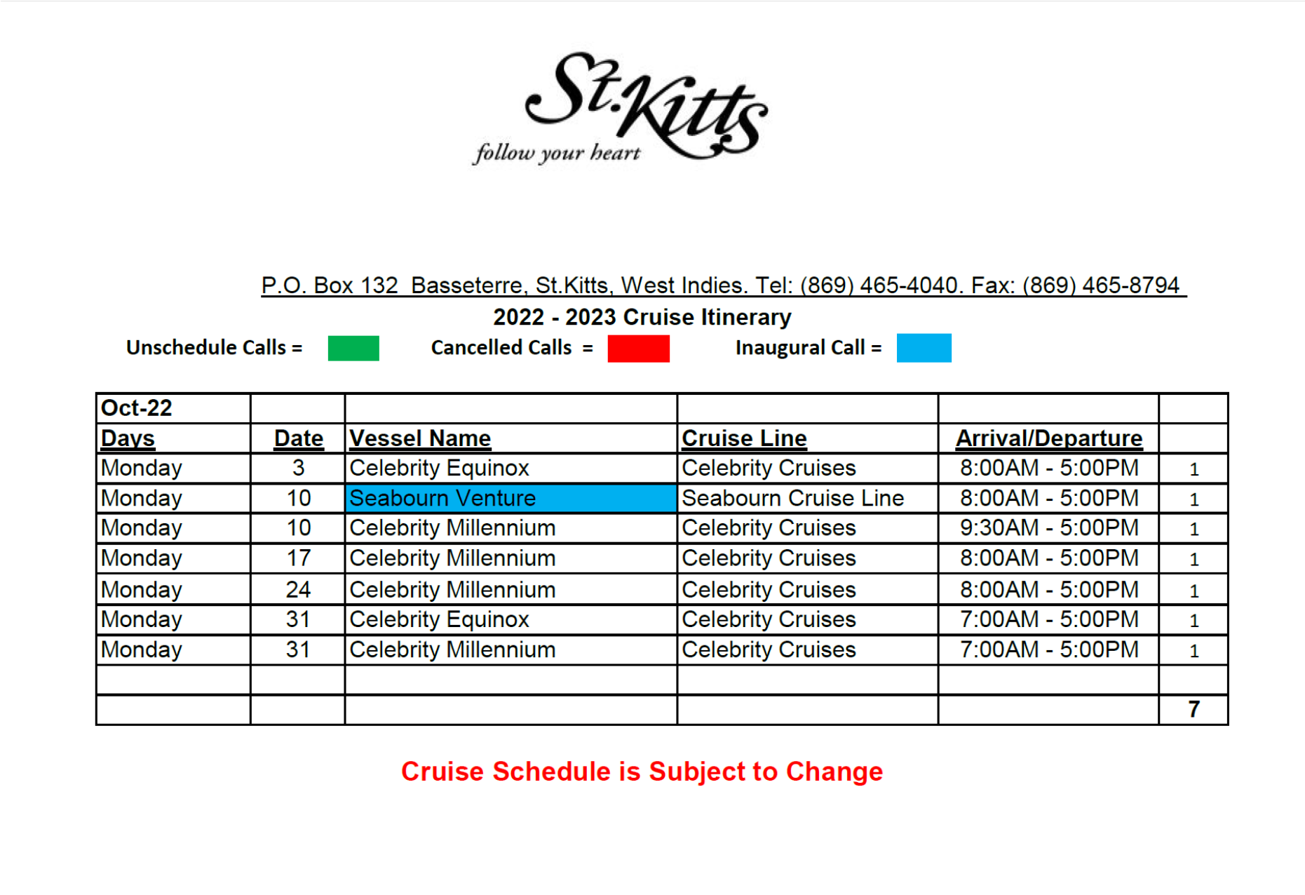 Cruise Schedule for October 2022 SKNIS