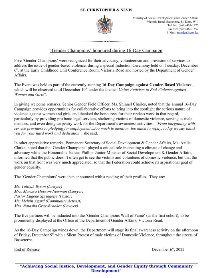 Gender Champions Honoured During 16-Day Campaign