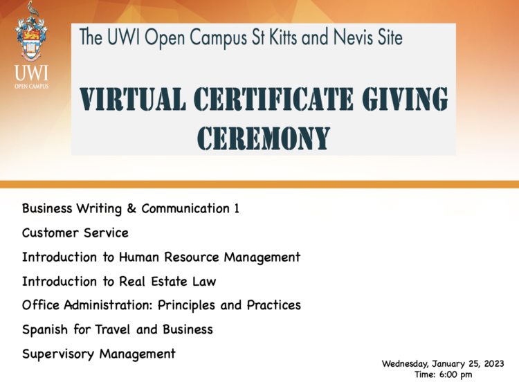 The UWI Open Campus St Kitts and Nevis holds its first virtual Certificate Giving Ceremony for 2023