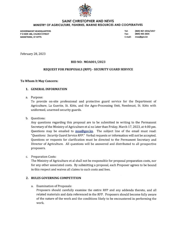 REQUEST FOR PROPOSAL OF SECURITY GUARD SERVICES