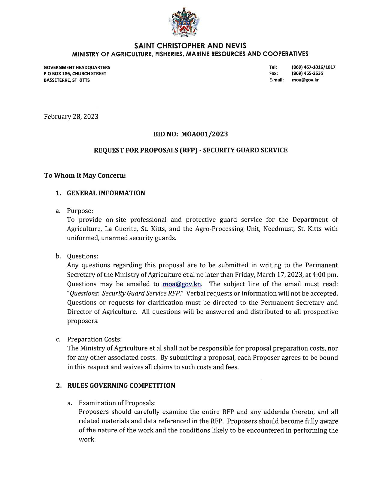 REQUEST FOR PROPOSAL OF SECURITY GUARD SERVICES SKNIS