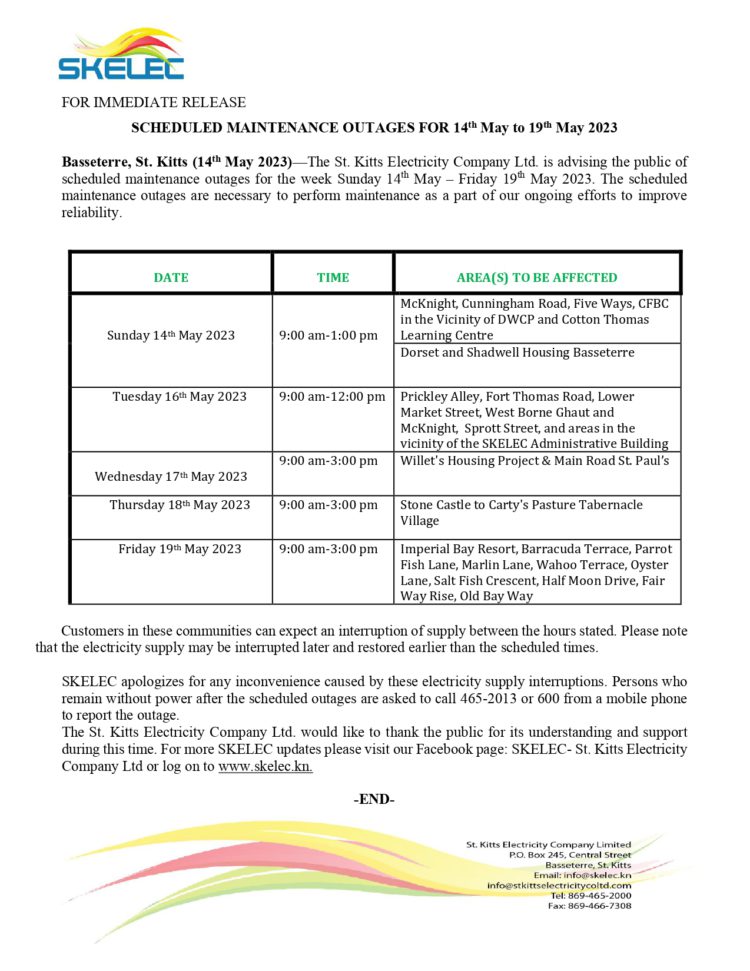 SCHEDULED MAINTENANCE OUTAGES FOR 14th May to 19th May 2023