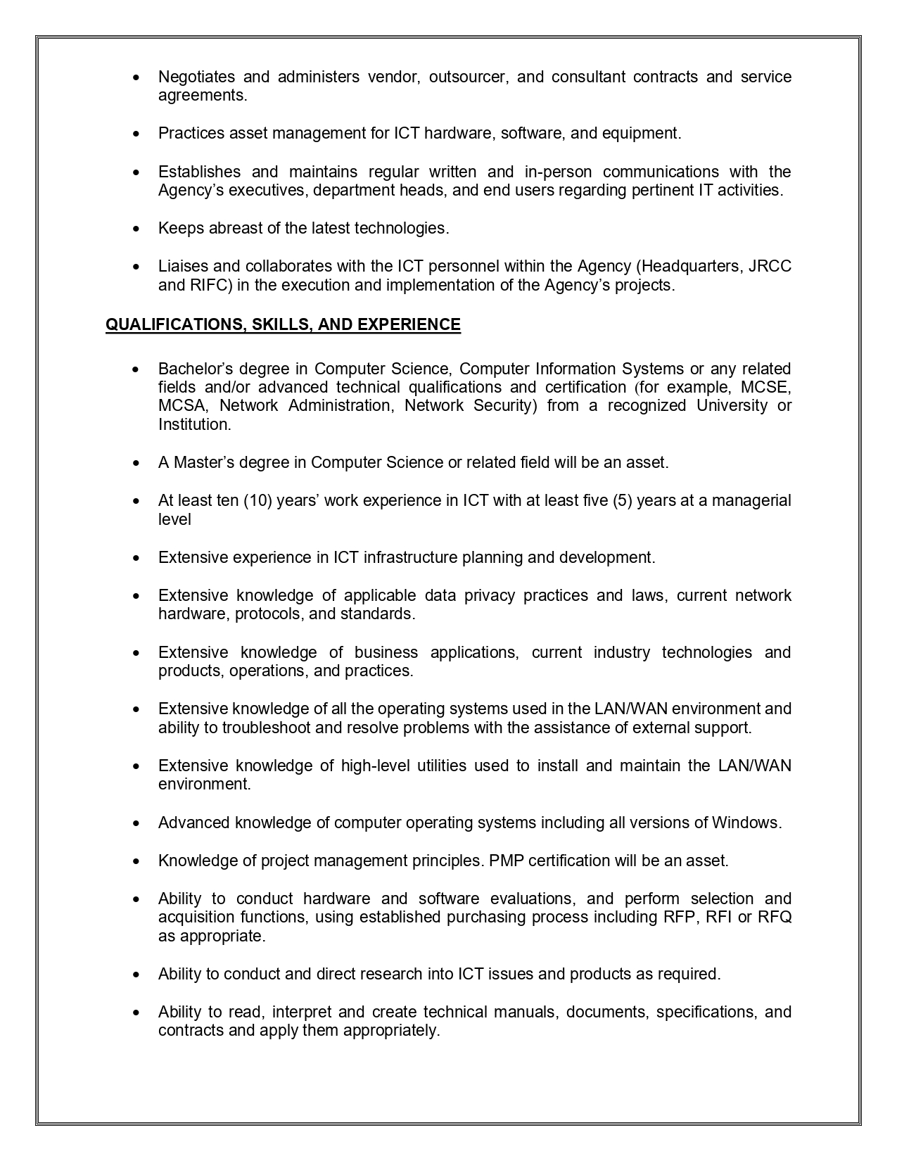 INFORMATION AND COMMUNICATIONS TECHNOLOGY (ICT) MANAGER - SKNIS