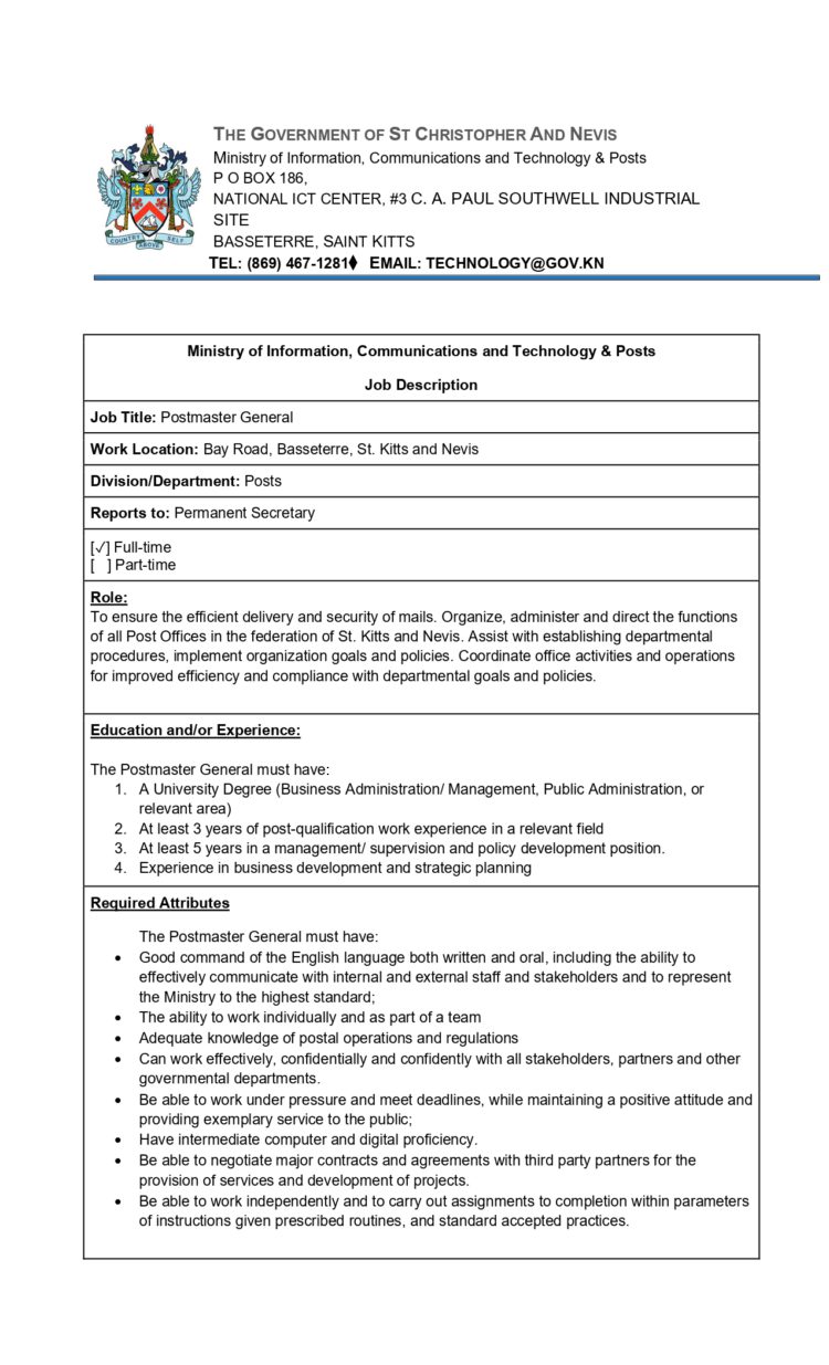 SKN Postmaster General vacancy advert
