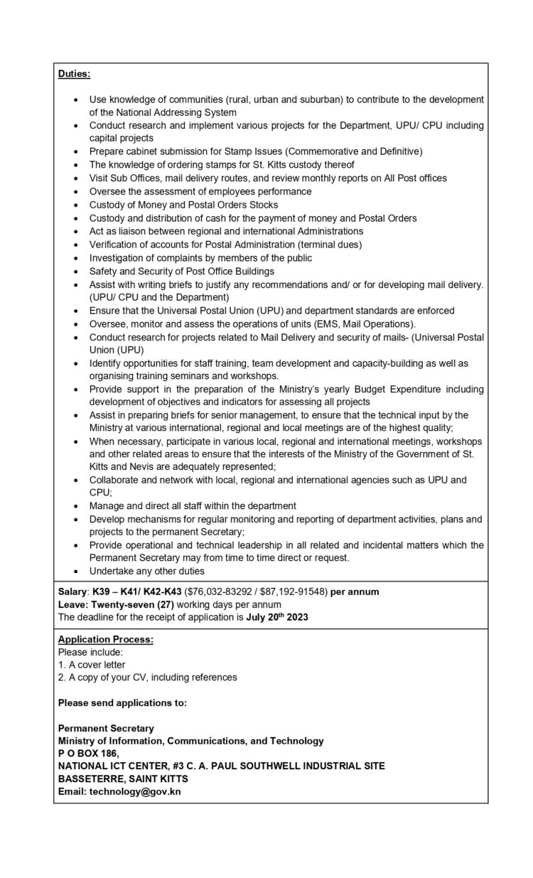 SKN Postmaster General vacancy advert