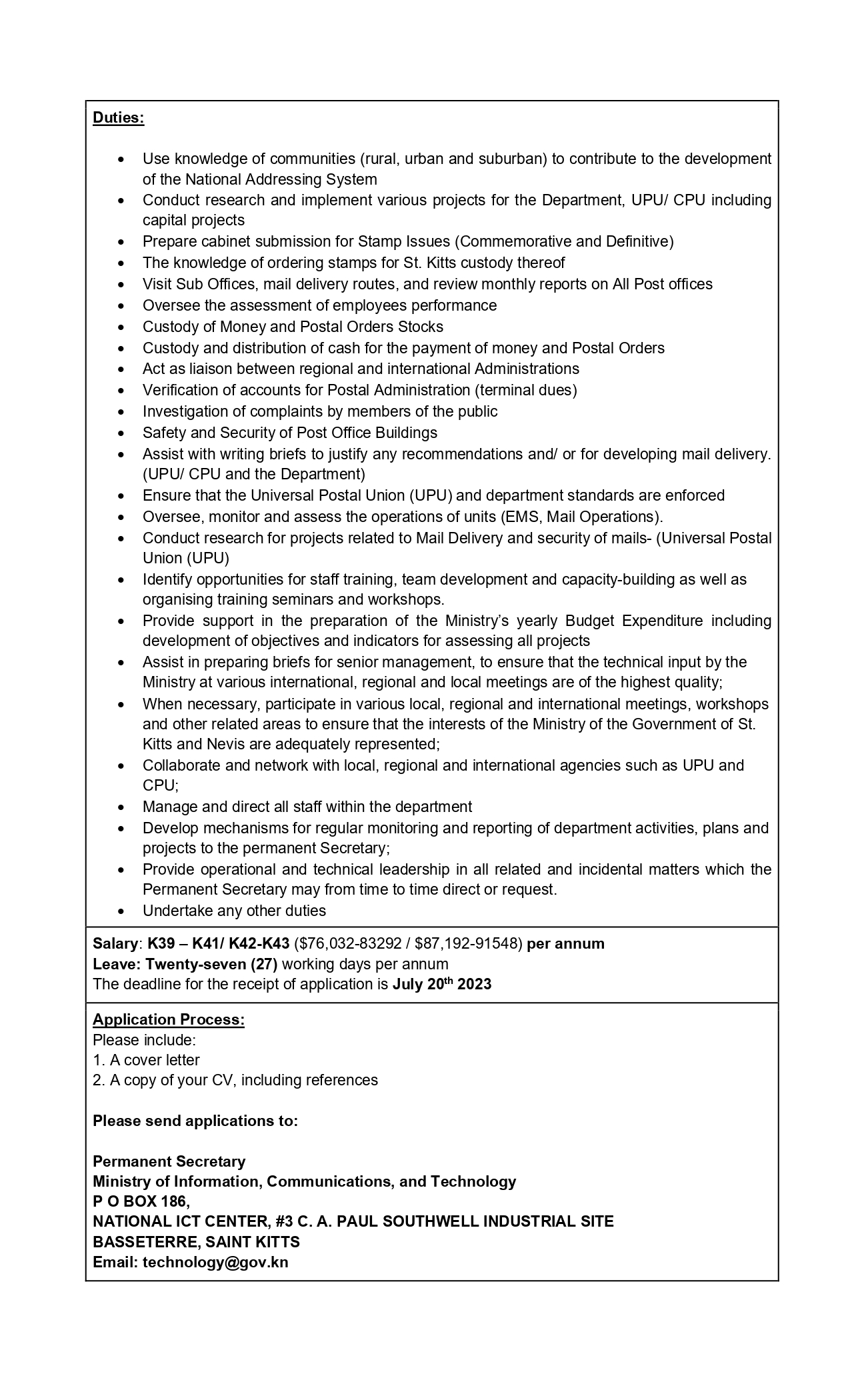 SKN Postmaster General vacancy advert SKNIS