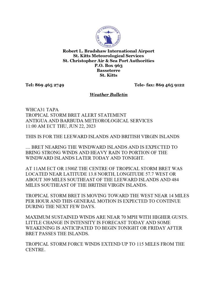 Tropical Storm Bret Alert Statement