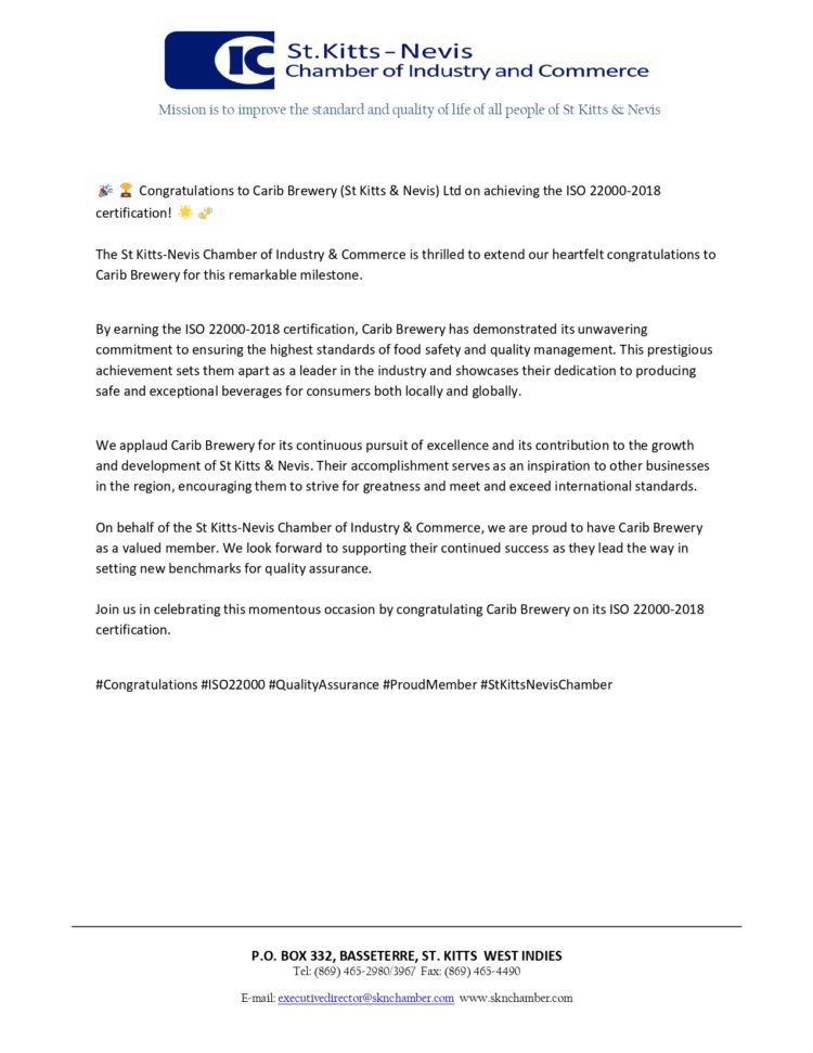 Congratulations to Carib Brewery St. Kitts Ltd on achieving the ISO 22000-2018 certification!