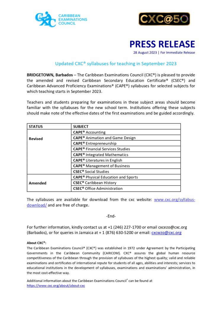  Revised and Amended CSEC and CAPE Syllabuses for September 2023